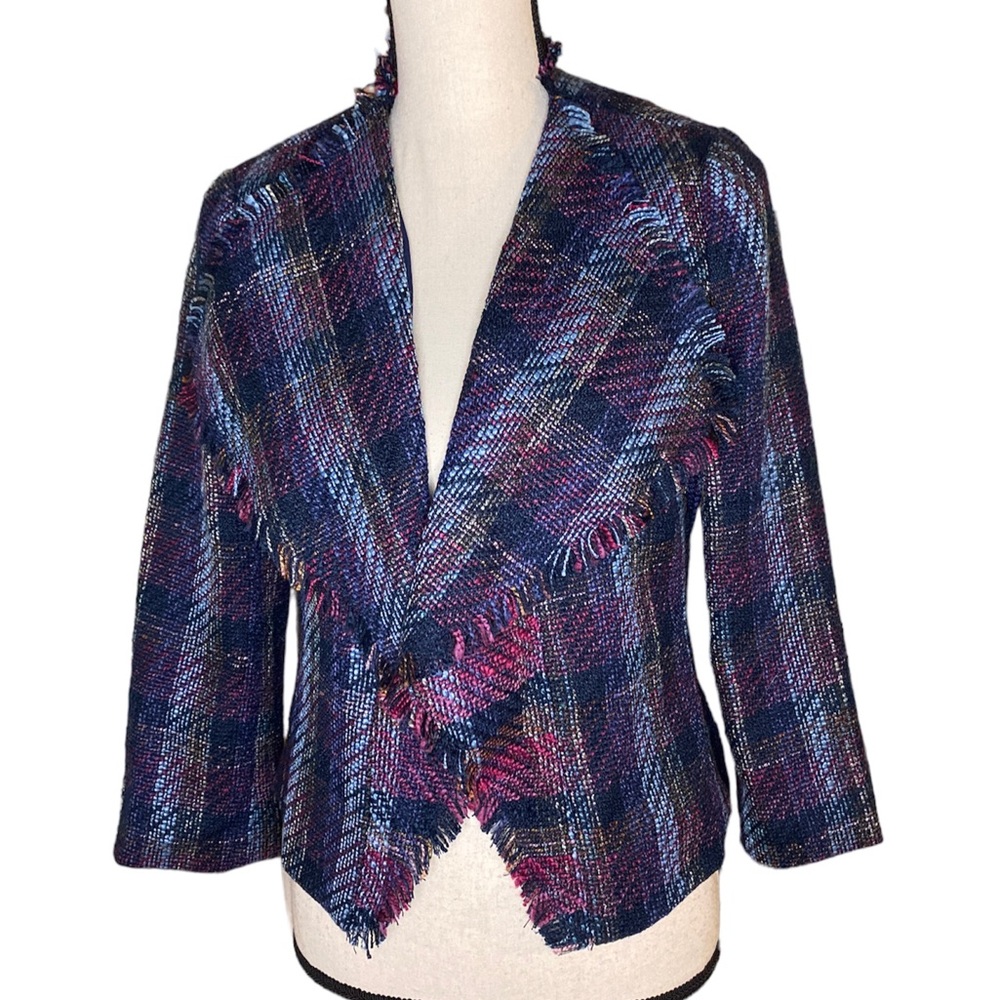 Sold!!!KARL LAGERFELD Paris Dress Jacket Size 6 Plaid Tweed Blue Multi Waterfall - Picture 2 of 11